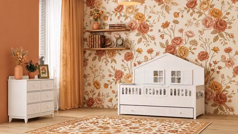 Set elegante per bambini, composto da lettino e comò, in stile rustico, di colore bianco