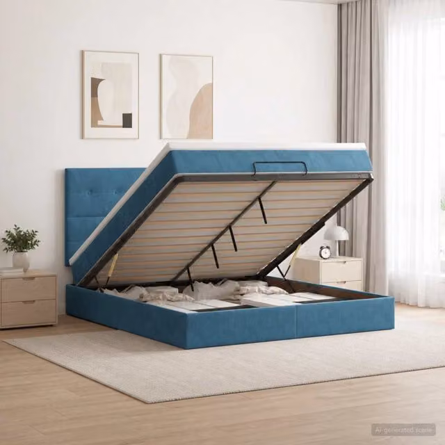 Letto ottomano moderno vidaXL in velluto blu con contenitore a sollevamento e materasso L/P/H: 200 x 140 x 88 cm – 1