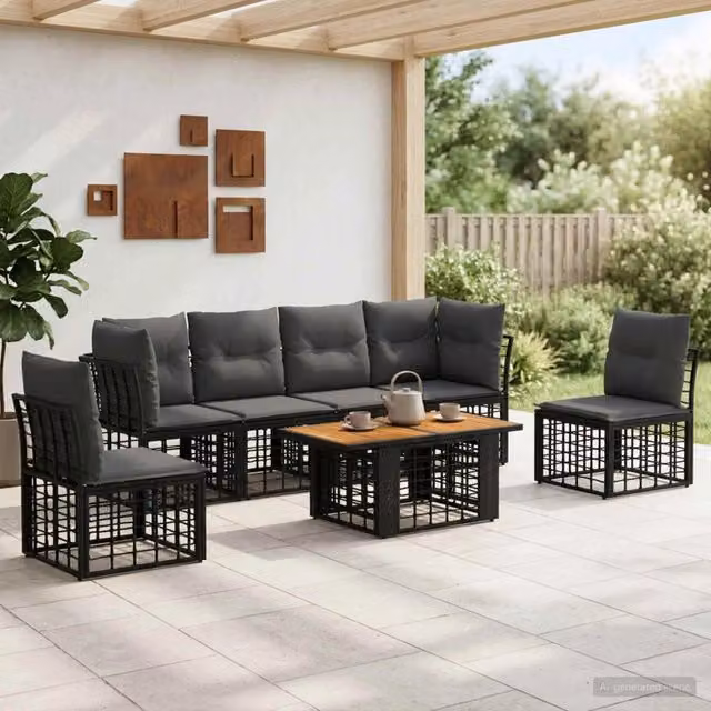 Set Divano da Giardino 7 pz Nero e Grigio scuro polyrattan 3437845