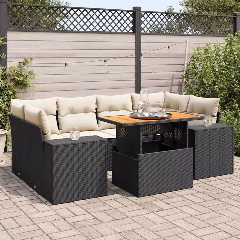 Set di divani da giardino vidaXL a forma di L in polyrattan nero con 7 pezzi e cuscini inclusi