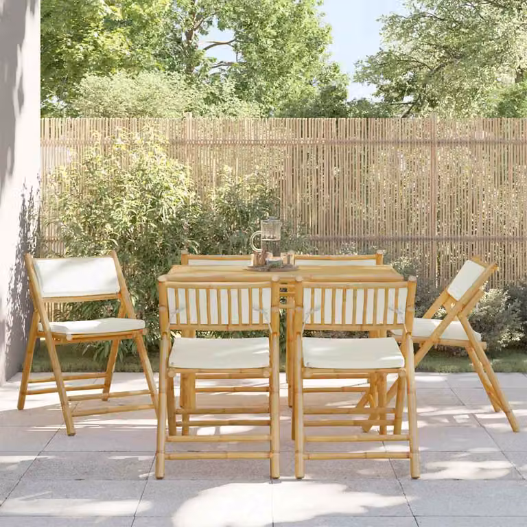 Set di 6 sedie da bistrot pieghevoli e impilabili vidaXL in bambù con cuscini in tessuto bianco e beige