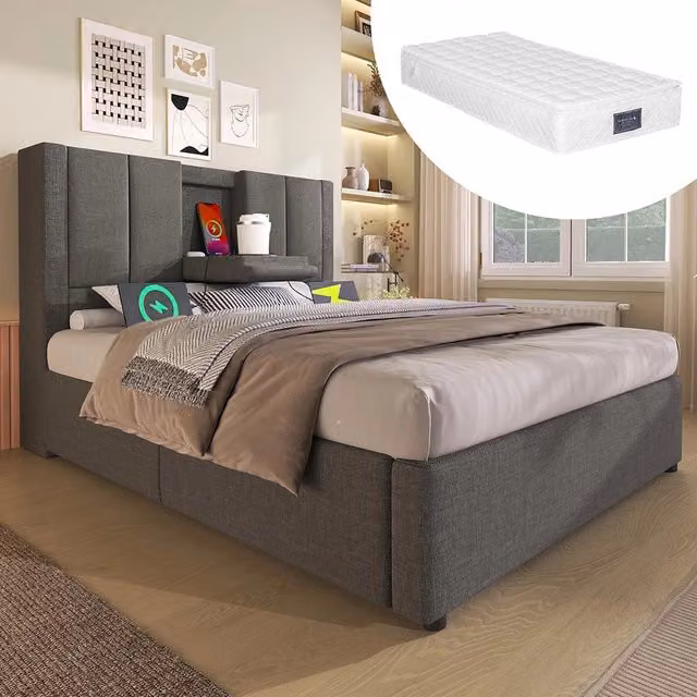 Letto imbottito-Xylo-90x200cm singolo porta-bicchiere USB idraulico lino grigio con materasso