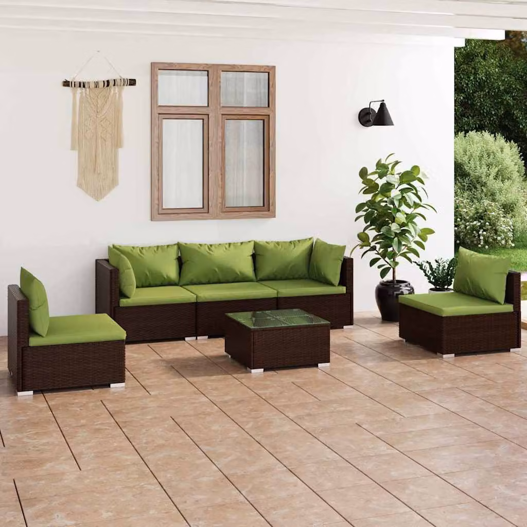 Set di divani da giardino vidaXL 6 pezzi con cuscini in rattan marrone e struttura in acciaio