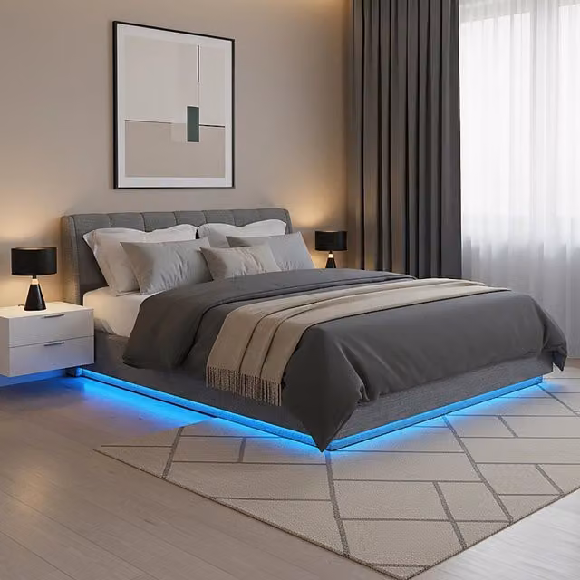 Letto Matrimoniale King Size Contenitore Tröstiar con Apertura a Ribalta e Luce LED 180x200 cm - Effetto Lino Antracite [en.casa]