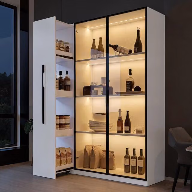 Vetrina LED con vetro ambrato e vano laterale estraibile per soggiorno o sala da pranzo, MDF bianco, 110,5 × 35 × 160 cm
