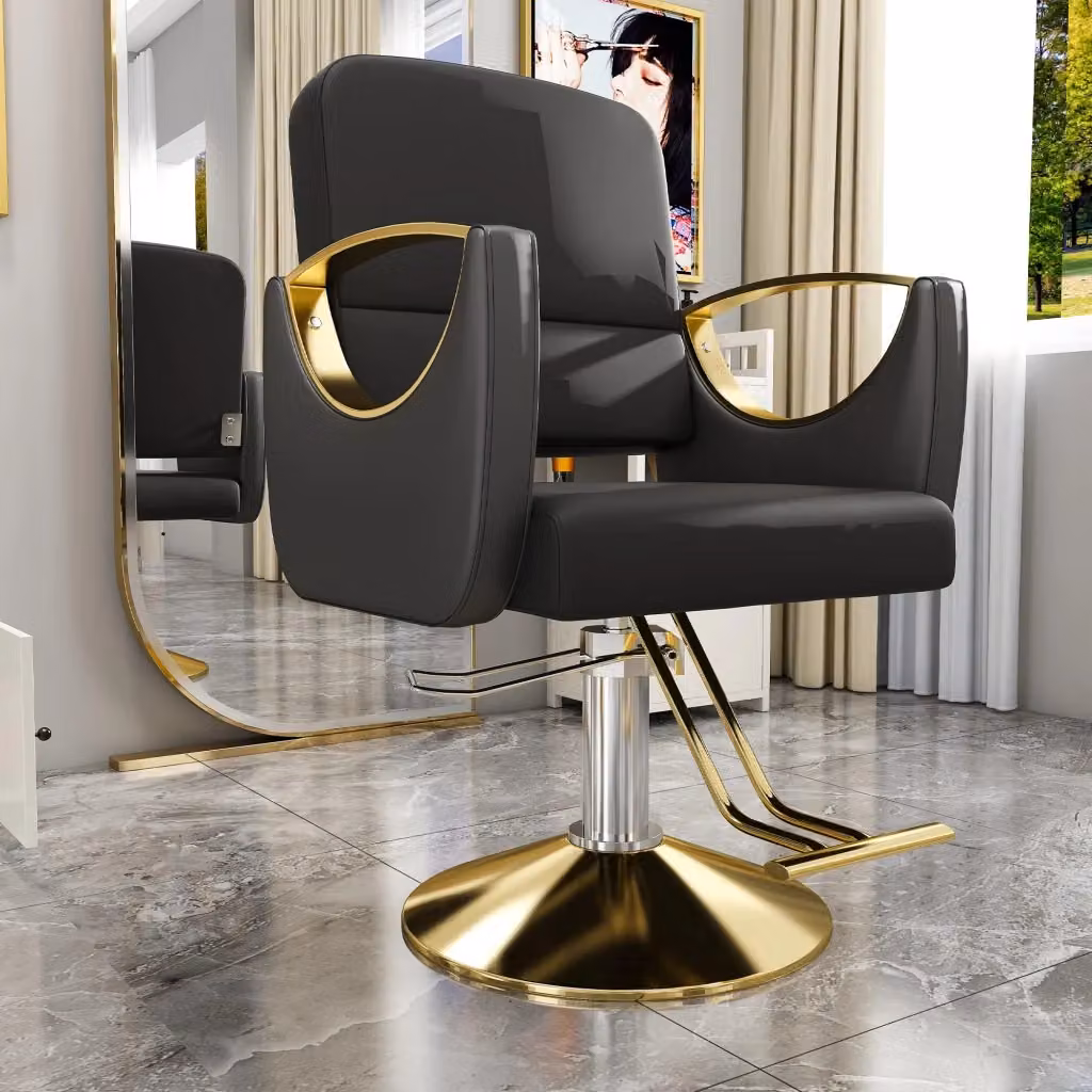 Sedia da salone MIVRAY girevole a 360° in similpelle nera con base dorata e poggiapiedi regolabile – 2