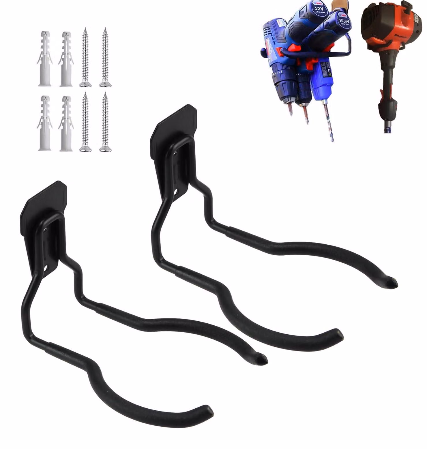 Portaattrezzi da parete per giardino - Set di 2 - Nero - Per decespugliatore a filo e attrezzi da giardino