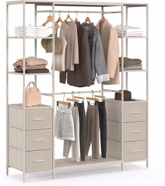 IDMarket Armadio doppio UTAH con colonna doppia beige, dotato di 6 ripiani e 6 cestini in tessuto, L: 140 cm