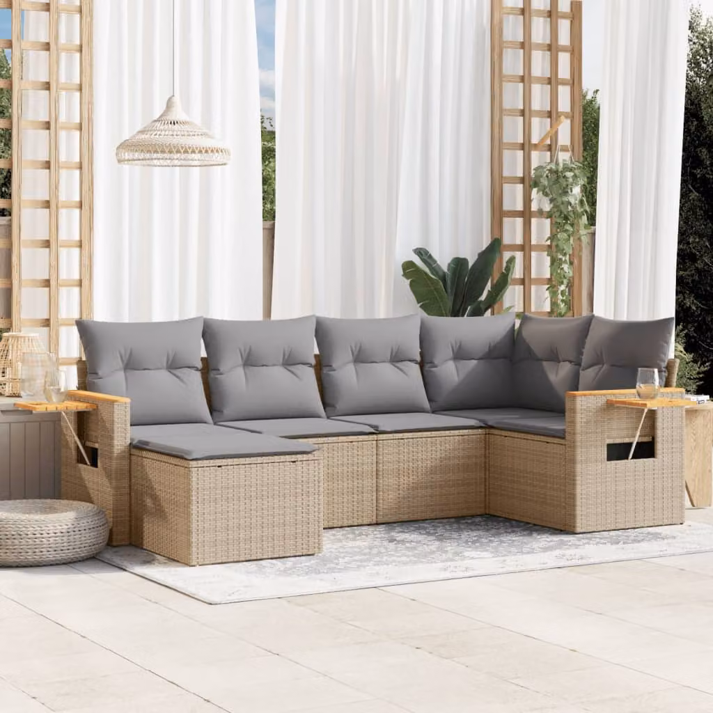 vidaXL Set Divano da Giardino a L 6 pz in Polyrattan con Cuscini Beige e Grigio – 1