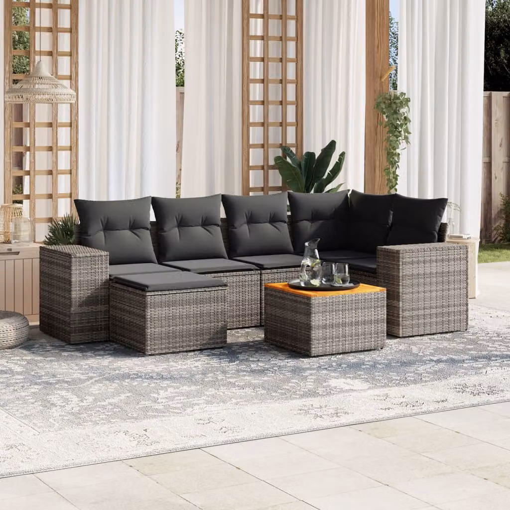 Set di divani da giardino vidaXL in polyrattan grigio con cuscini, componibile a L con tavolino e pouf – 1
