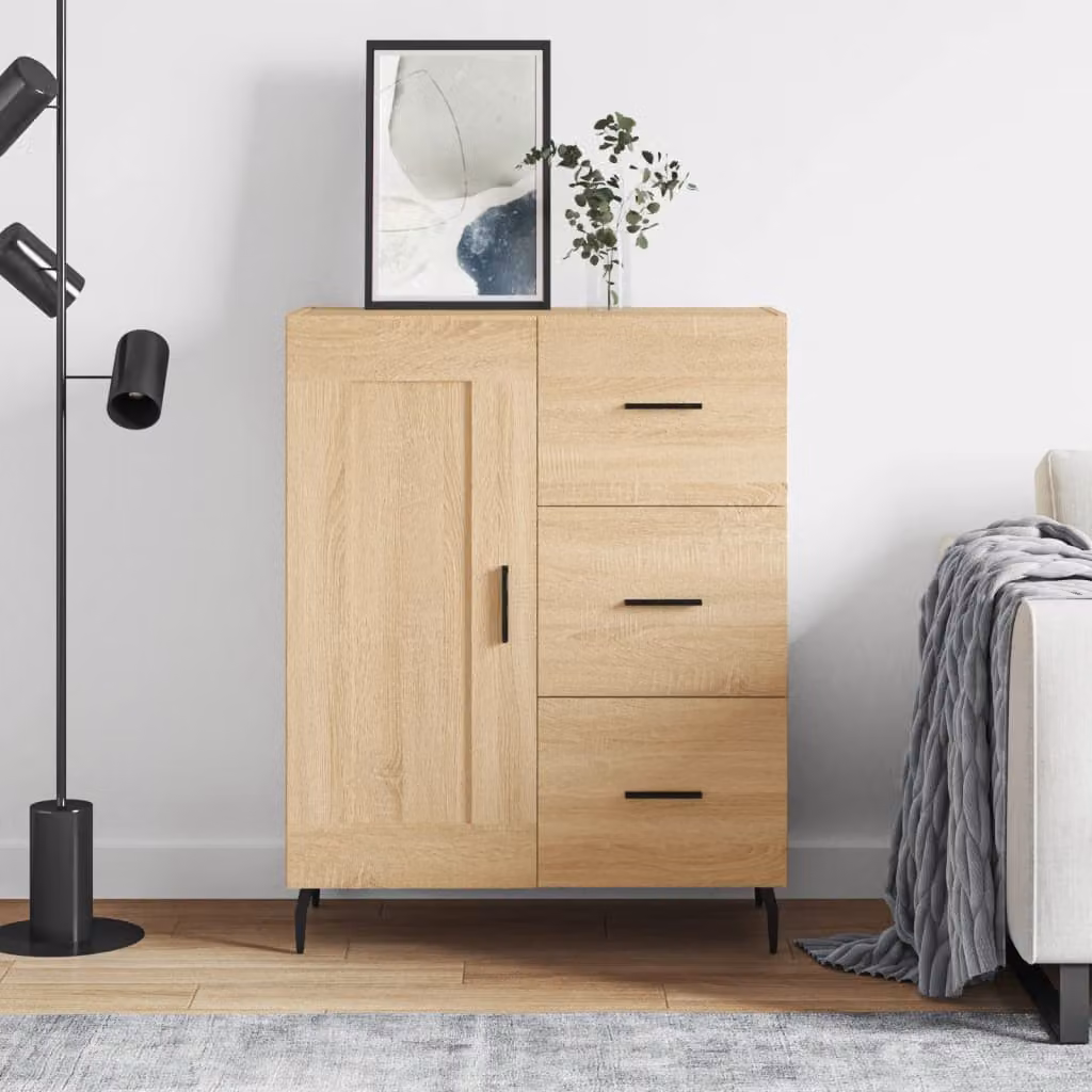 Credenza moderna vidaXL in legno multistrato e metallo, colore rovere sonoma beige e marrone, L: 69,5 cm, P: 34 cm, H: 90 cm