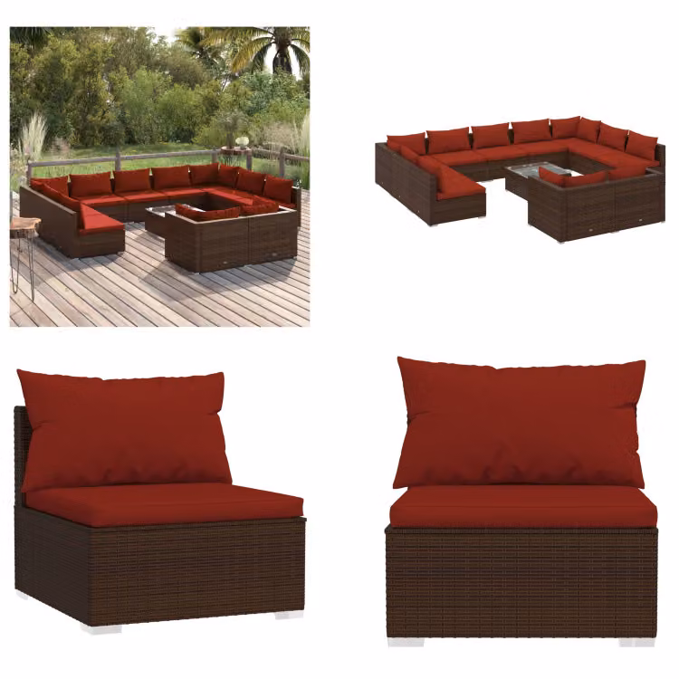 vidaXL 12 pezzi set salotto da giardino con cuscini in poly rattan marrone - set salotto da giardino - set salotto da giardino - set salotto da patio - set divano da giardino