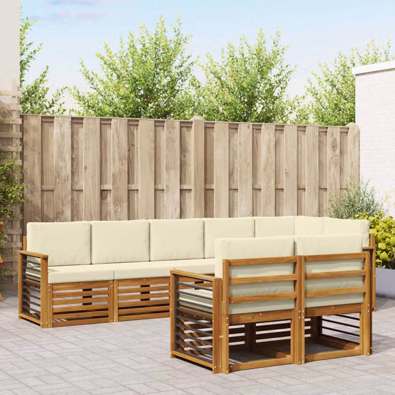 Set di divani da esterno vidaXL 8 pz a forma di L in legno di acacia con cuscini beige e bianco