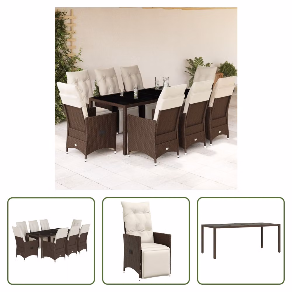 The Living Store Set bistrot da giardino da 9 pezzi con cuscini in poly rattan marrone
