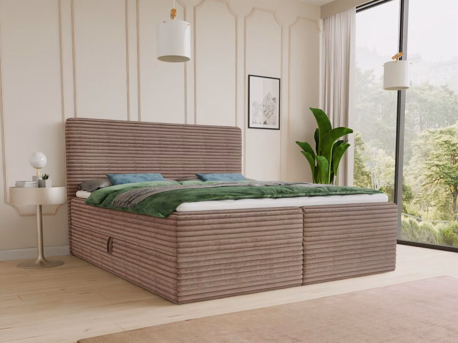 Letto boxspring Mollo con 2 cassetti, letto matrimoniale con materasso Bonell e topper, letto imbottito in morbido velluto a coste, letto, letto box, struttura letto per camera da letto (marrone (Tilia 17), 140 x 200 cm)