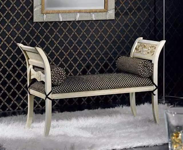 Panca imbottita in legno di faggio stile shabby chic con tessuto geometrico nero Mobili 2G L: 105 cm, P: 38 cm, H: 37 cm