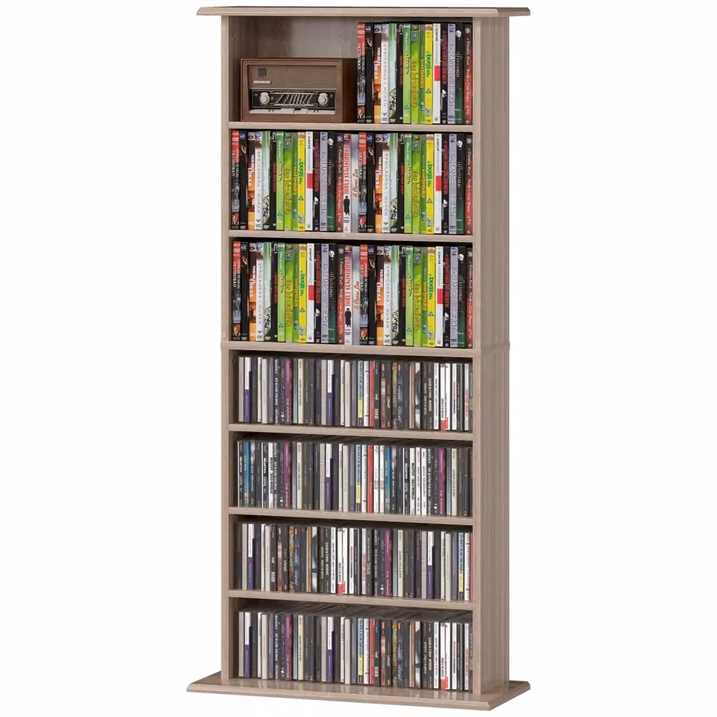 Libreria per CD e DVD Xylo HOMCOM in legno naturale marrone con 8 scomparti e ripiani regolabili L: 58 cm, P: 24 cm, H: 126 cm – 2