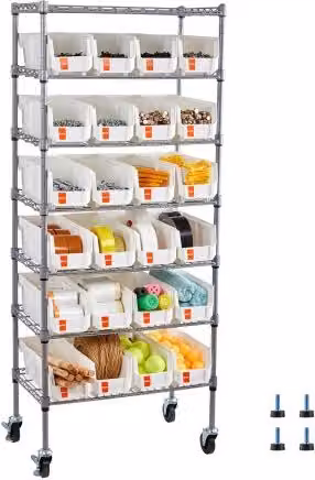 VEVOR Scaffale Portaoggetti Mobile a 7 Ripiani con 24 Contenitori in Colore Bianco, Sistema di Scaffalature in Metallo e Plastica con Ruote per Garage, Magazzino, Ufficio e Cucina