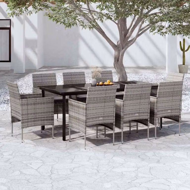 vidaXL Set da Pranzo per Giardino 9 pz in Polyrattan con Cuscini Grigio e Nero