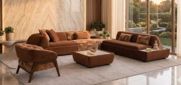 Divano ad angolo a forma di "L", poltrona, tavolino, colore marrone, stile moderno, spazioso, ideale per il soggiorno