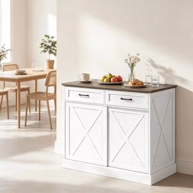 Credenza con 2 cassetti anta scorrevole e ripiano regolabile in MDF e truciolato bianco e marrone 106,4 × 57 × 92 cm