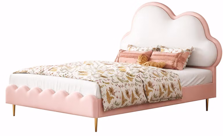 Letto per bambini bianco-rosa, letto per adolescenti, pelle, motivo nuvola, articoli per bambini