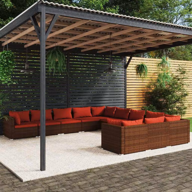 Set di divani da giardino vidaXL 11 pz a forma di U in rattan marrone con cuscini imbottiti e coperture rimovibili