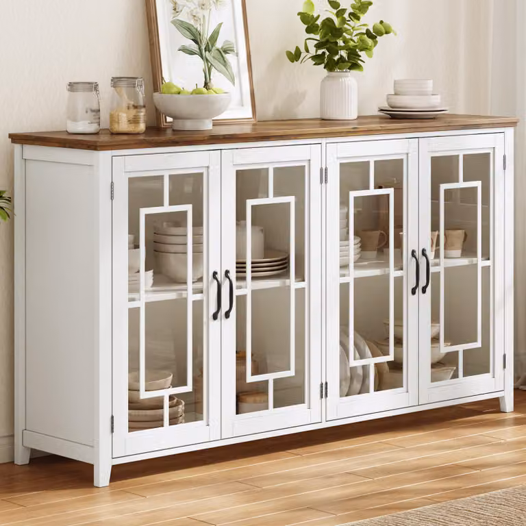Mobiletto da cucina di 160 cm di larghezza con ante in vetro, ampio vano contenitore e sistema di sicurezza anticaduta, mobiletto aggiuntivo di 160x40x86 cm, mobiletto multifunzionale, colore bianco
