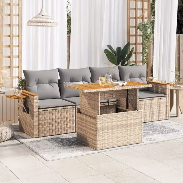 Set Divano da Giardino a L vidaXL in Polyrattan e Legno di Acacia con Cuscini Beige e Grigio