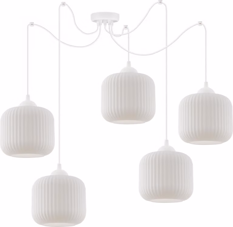 Lampada a sospensione Spider Riffle White a 5 luci con paralumi cilindrici bianchi E27