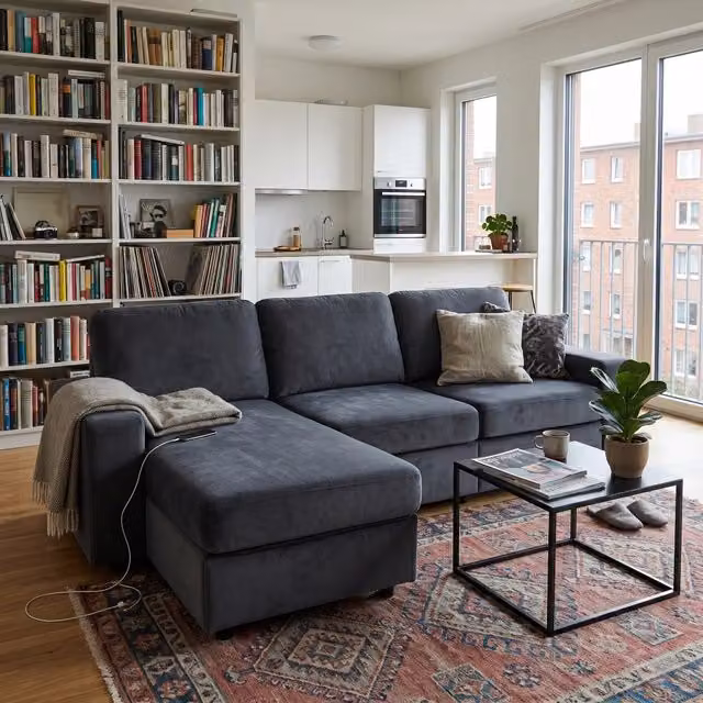 Divano angolare con chaise longue e 4 vani contenitore in tessuto grigio scuro per soggiorno moderno 245,5 cm