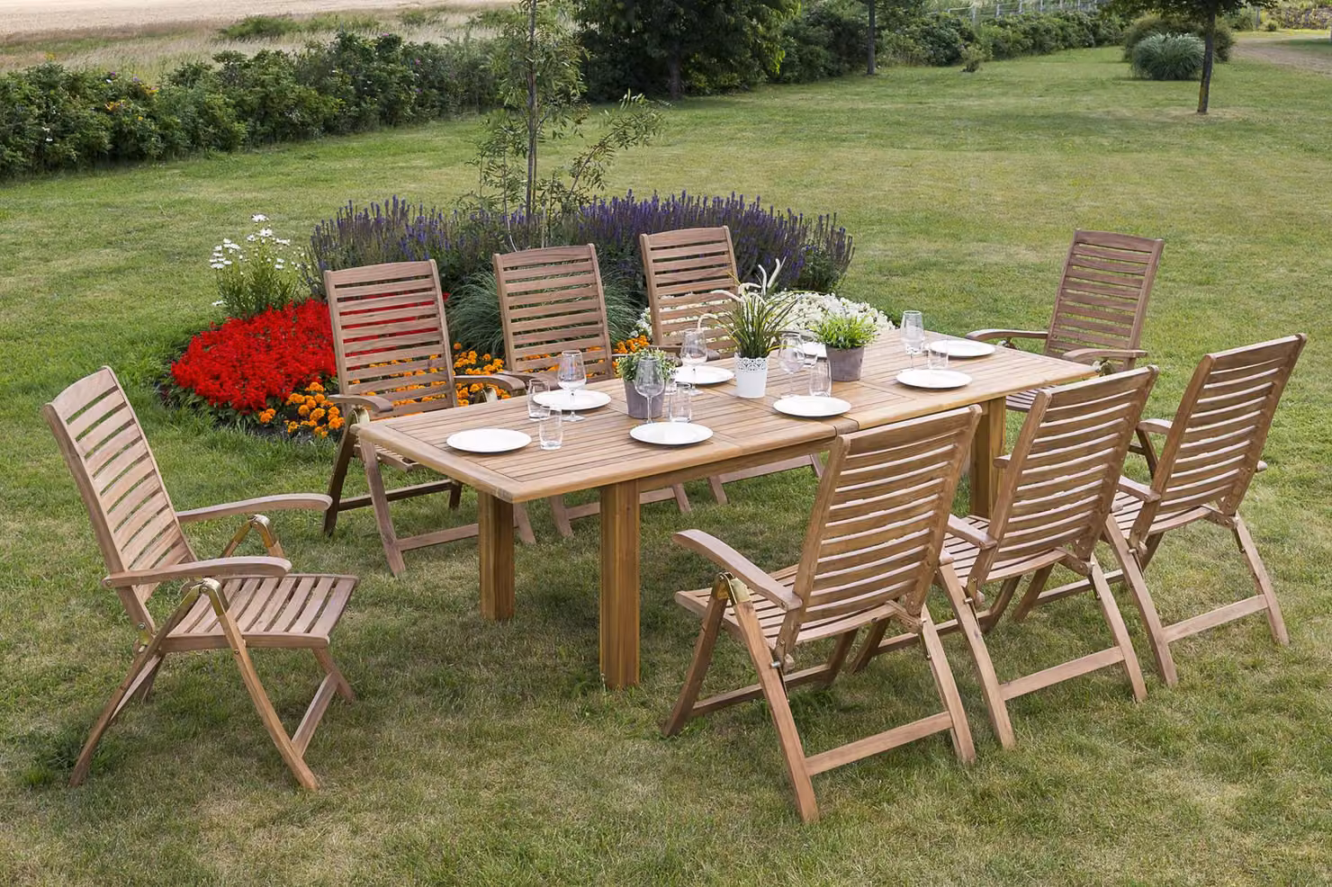 Set di mobili da giardino Merxx Paraiba, 9 pezzi, 8 sedie pieghevoli con schienale regolabile, tavolo allungabile a doppia estensione 180 (220/260) x 100 cm - acacia
