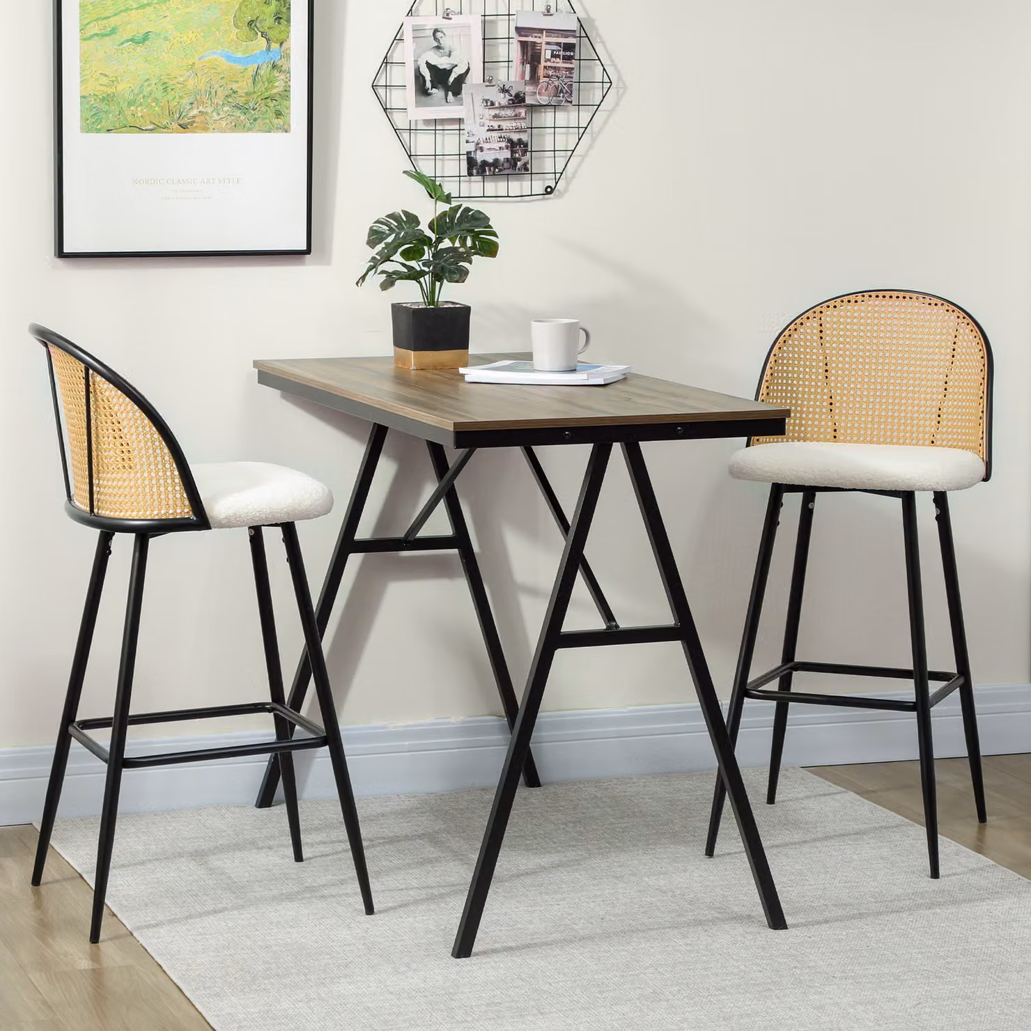 Set di 2 sgabelli da bar HOMCOM con schienale in rattan, sedile in peluche e telaio in acciaio, colore crema e nero, stile boho – 2