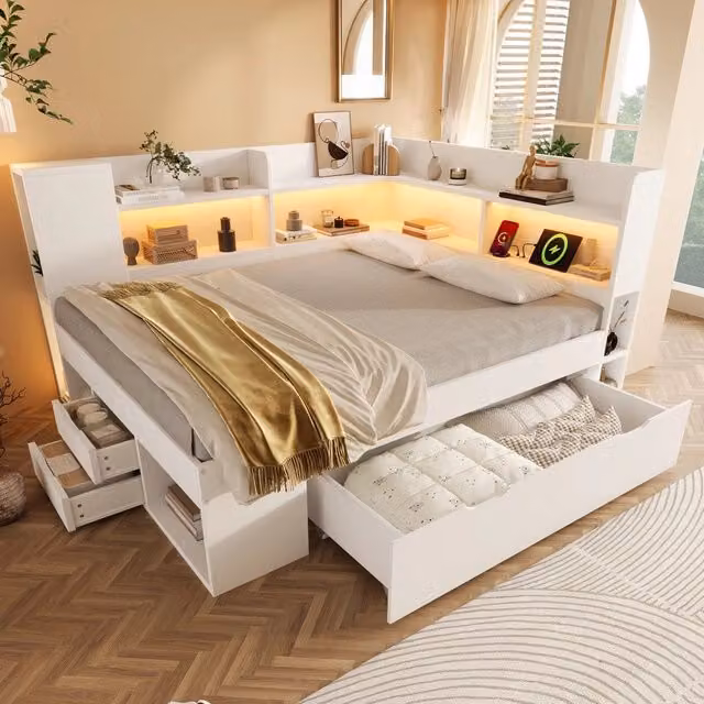 Letto Contenitore 140x200 con LED, USB e Cassetti ¨C Xylo ¨C Bianco, Legno
