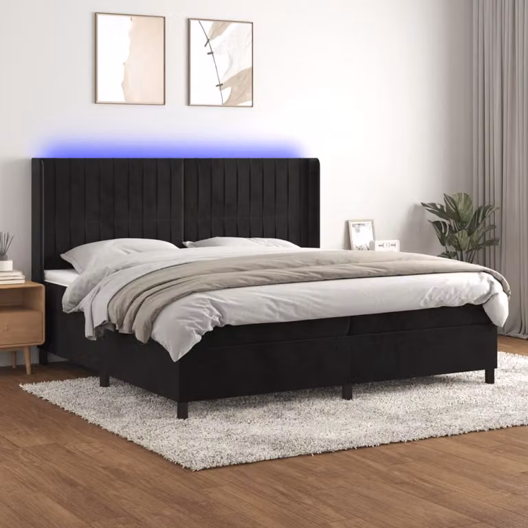 Letto Ibrido vidaXL con Materasso a Molle Individuali e Illuminazione LED, Rivestimento in Velluto Nero, L/P: 200 x 200 cm