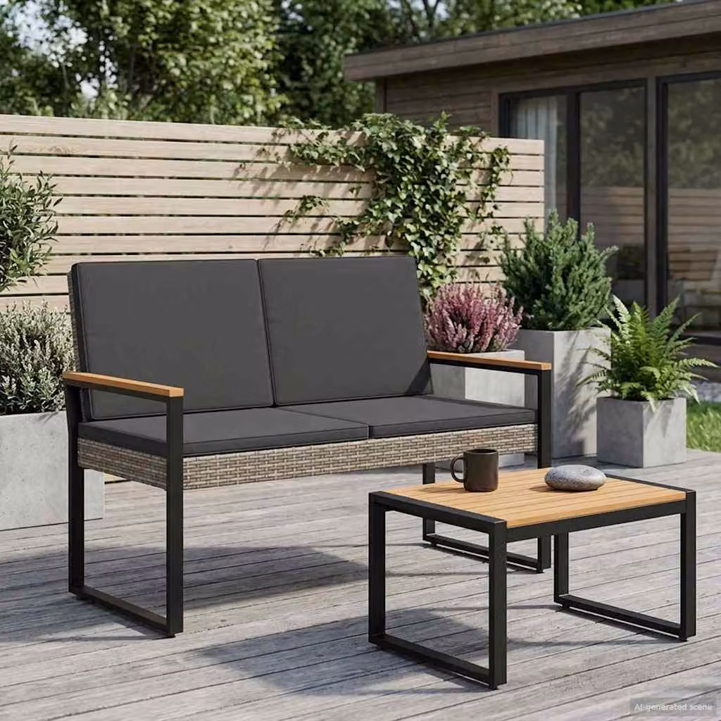 Panchina da esterno a 2 posti vidaXL in rattan grigio con braccioli, L 107 x P 61 x H 80 cm