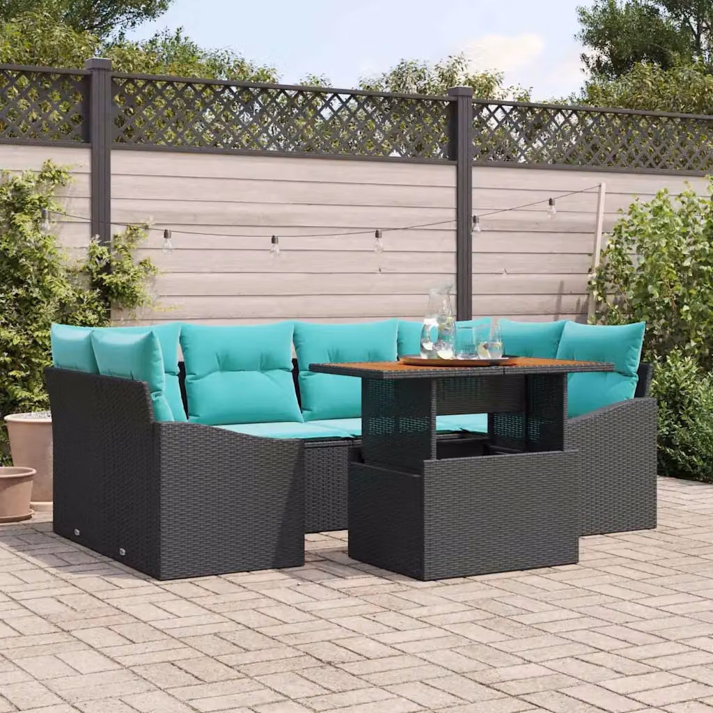 Set Divano da Giardino vidaXL 7 Pezzi a Forma di L con Tavolino, Nero e Petrol