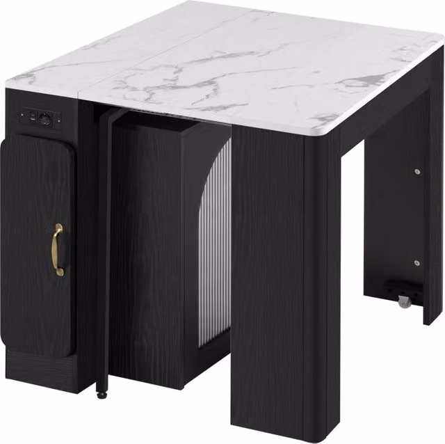 Isola cucina nera con ruote, tavolo da pranzo allungabile con piano removibile, carrello mobile con prese USB e Type-C, mobile multifunzione per cucina e sala da pranzo