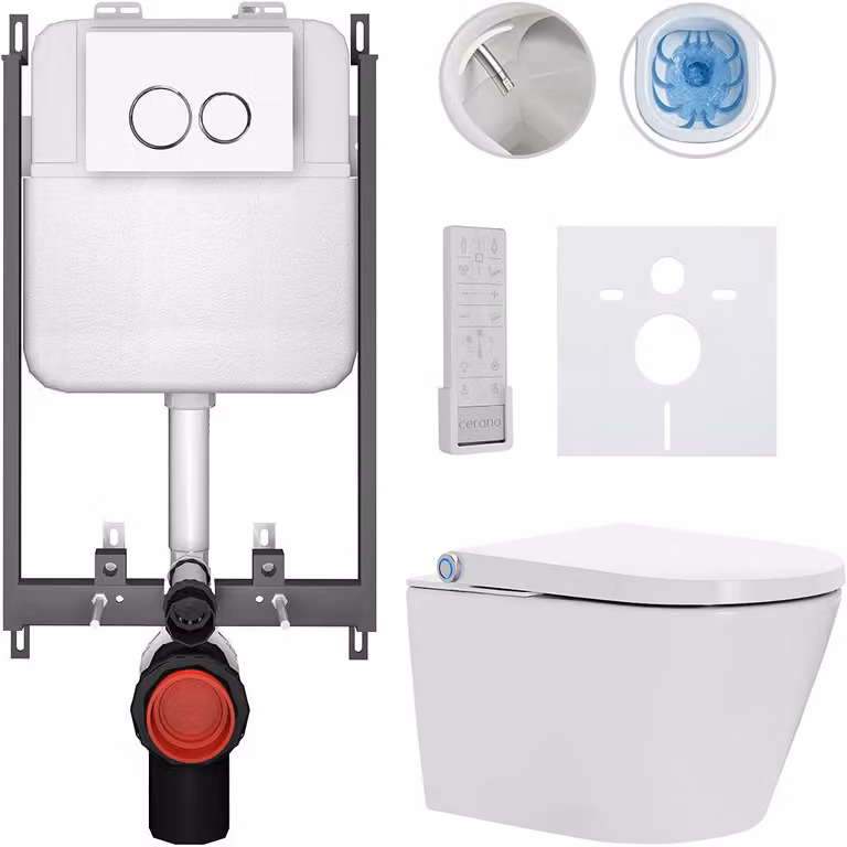 CERANO - WC sospeso con bidet Cronus Pro - bianco lucido - pulsante Prime/Dualo, bianco - da incasso - 59,3 x 38,4 cm