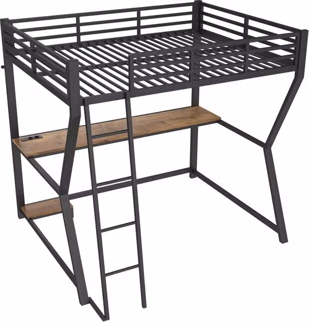 Letto a soppalco matrimoniale Chicfurn nero con scrivania, illuminazione LED e porta USB, L/P/H: 204.5 x 140 x 177.5 cm
