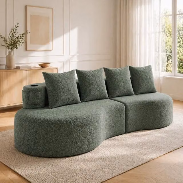 Divano 240x109x63 cm verde, portabicchieri e tasche laterali, lino, 4 cuscini