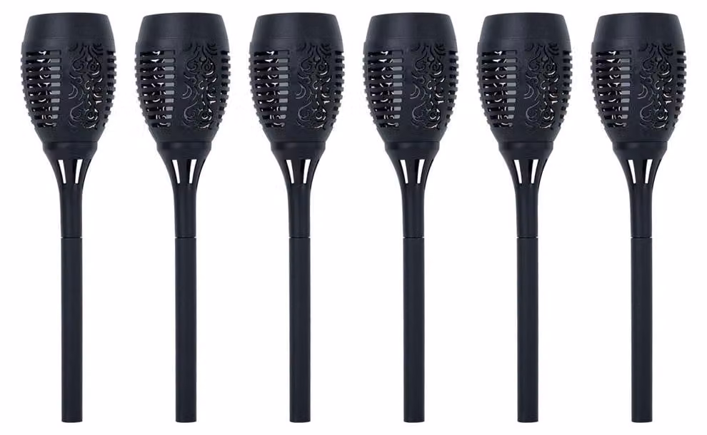 Set di 6 lampade solari a LED, stile torcia, con effetto fiamma, colore nero, altezza 50 cm