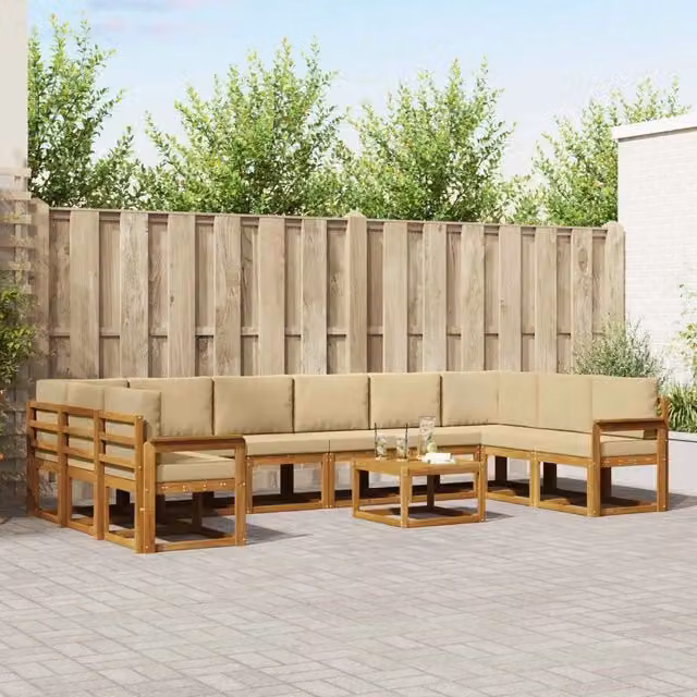 Set di divani da esterno vidaXL in legno di acacia con cuscini beige e marrone, composto da 11 pezzi con elemento angolare e tavolino da caffè