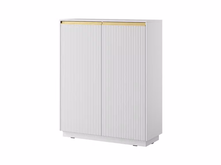 Comodino con 2 ante e 6 ripiani, colore bianco opaco, dimensioni 103, 5 x 127 x 39 cm