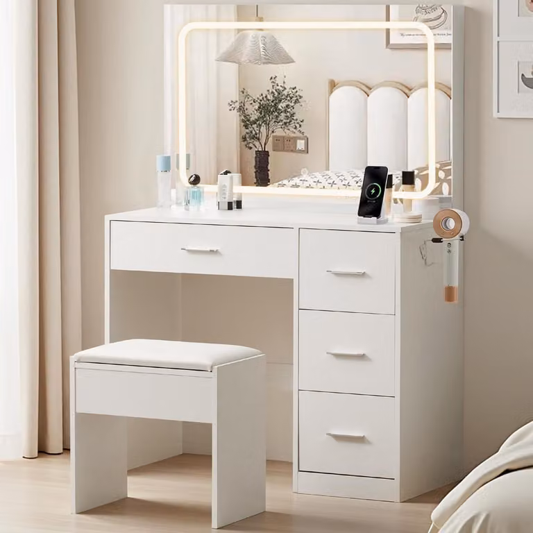 Comò da trucco con illuminazione, specchio e poggiapiedi, 4 cassetti, presa di corrente, 90x40 cm, bianco