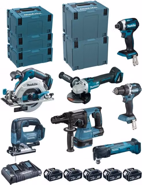 Makita Kit DLX7014PTJ con avvitatore, trapano, smerigliatrice, martello perforatore, utensili e 5 batterie da 5,0 Ah