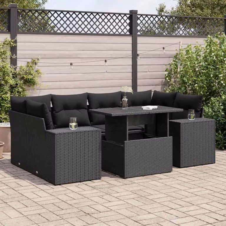 Set Divano da Giardino a L con Tavolino vidaXL, 7 Pezzi, Nero