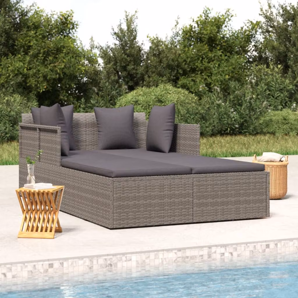 vidaXL Lettino da giardino in polyrattan con cuscini grigi, L: 182 cm, P: 118 cm, H: 63 cm