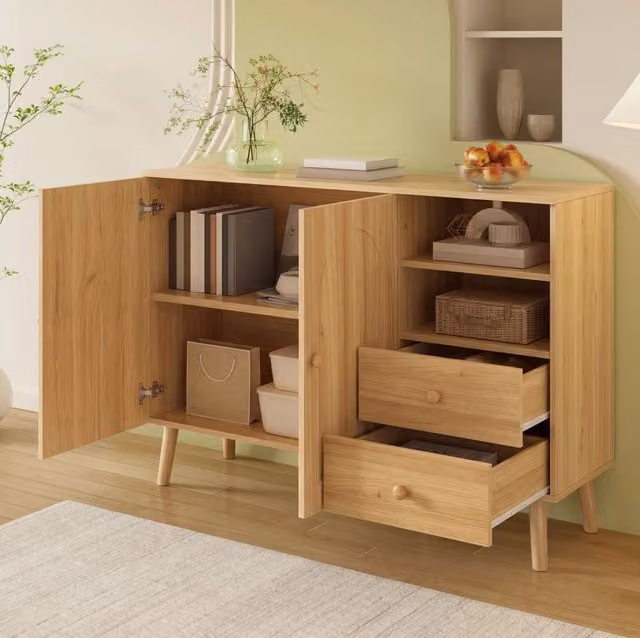 Sideboard con ante arcuate, maniglie e piedi in legno, 2 ante, 2 cassetti e vano aperto, natura