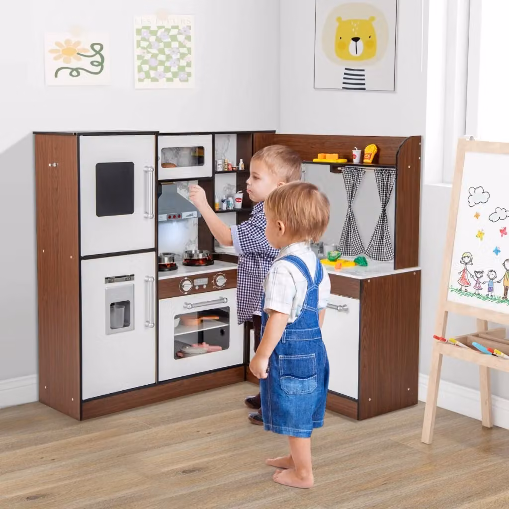 Cucina giocattolo angolare in legno marrone con luci, suoni e sistema di circolazione dell'acqua per bambini – 2
